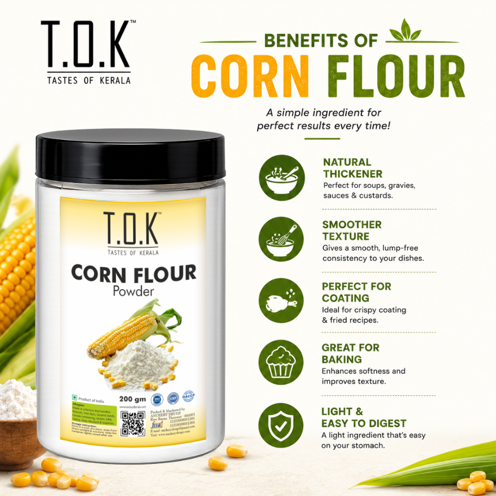 T.O.K Taste Of Kerala Corn Flour Powder – Premium Fine Ground Maize Flour for Baking, Cooking & Thickening Agent | 200g