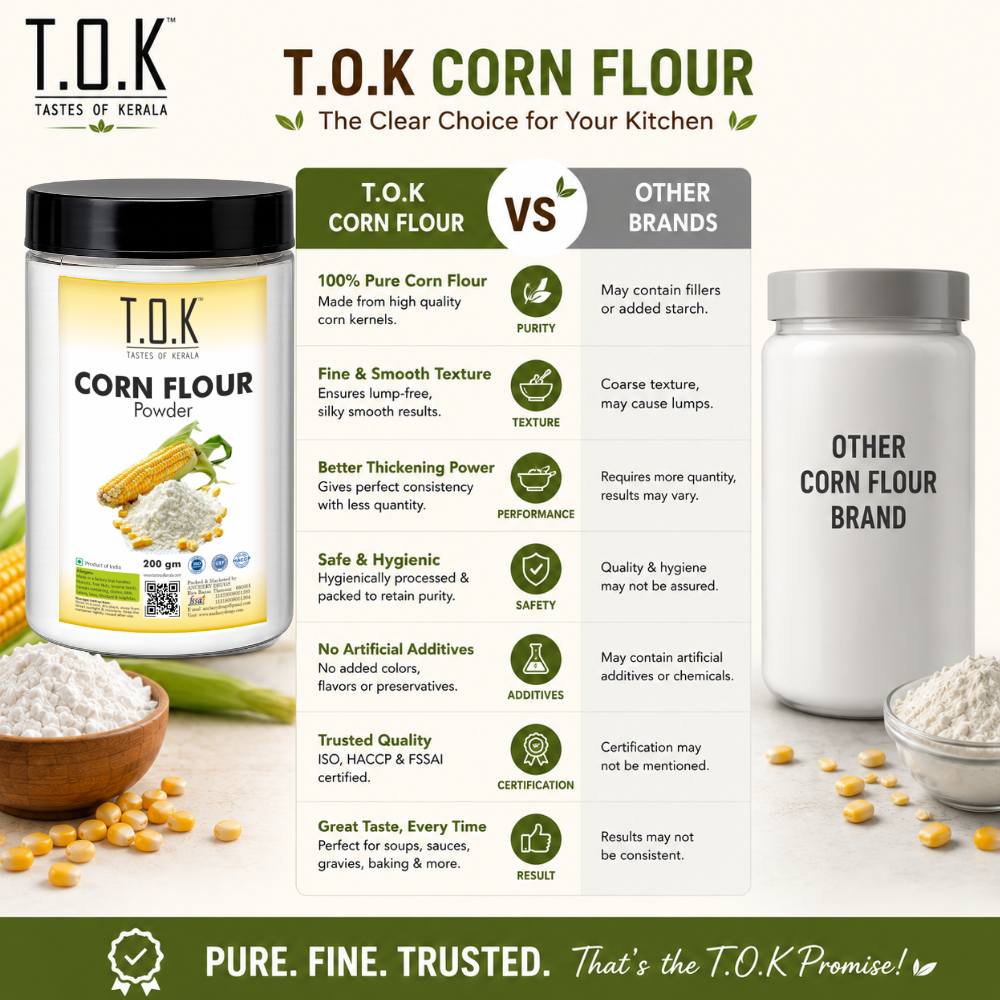 T.O.K Taste Of Kerala Corn Flour Powder – Premium Fine Ground Maize Flour for Baking, Cooking & Thickening Agent | 200g
